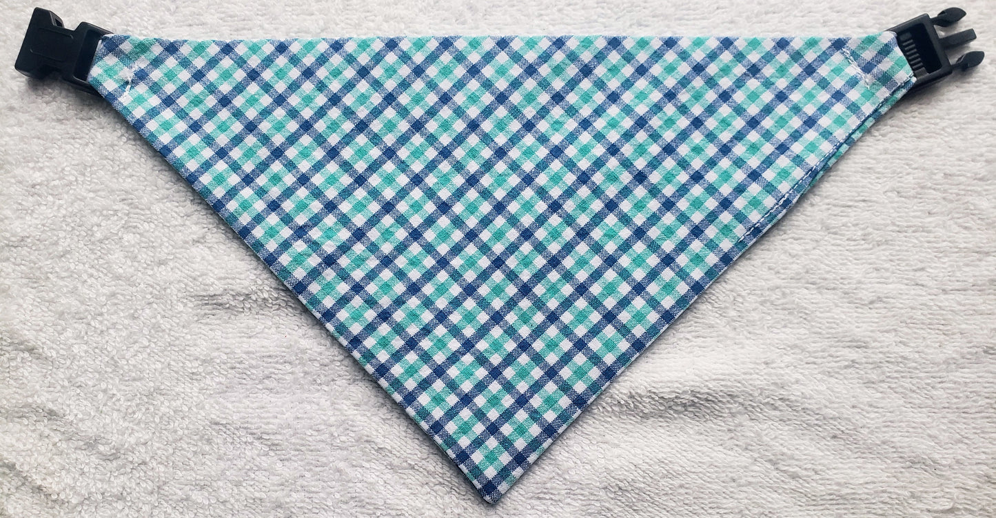 Clip on Dog Bandana With Buckle Pet Cat Bandanna Tiny Teal & Navy Blue Gingham Plaid Handmade to Order