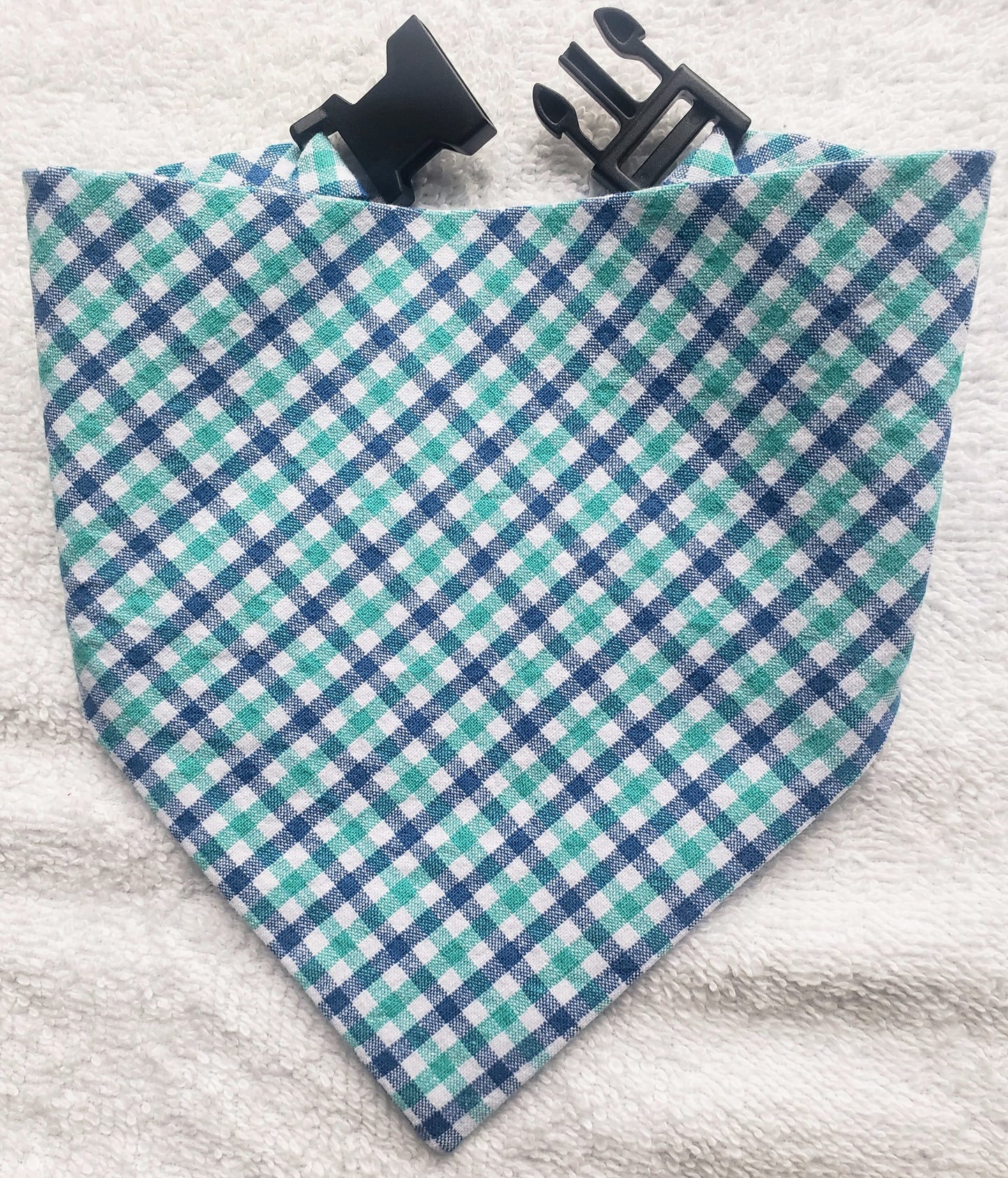 Clip on Dog Bandana With Buckle Pet Cat Bandanna Tiny Teal & Navy Blue Gingham Plaid Handmade to Order