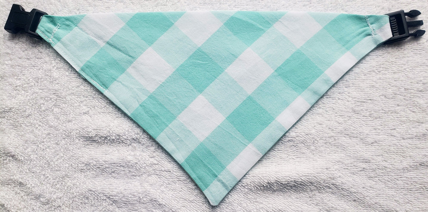 Clip on Dog Bandana With Buckle Pet Cat Bandanna Robin's Egg Blue Teal Turquoise Large One Inch Buffalo Plaid Check Gingham Handmade to Order