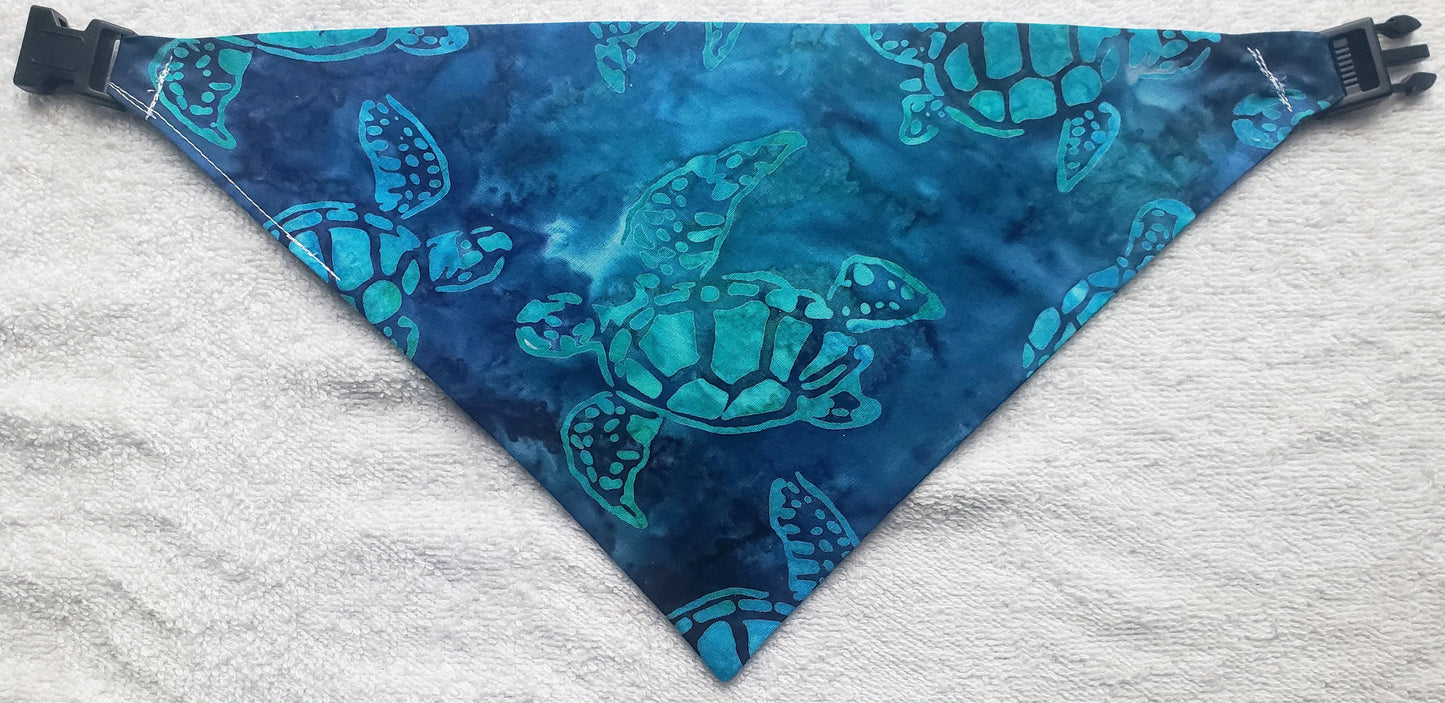 Clip on Dog Bandana With Buckle Pet Cat Bandanna Blue Sea Turtles Batik Ocean Beach Deep Sea Creatures Handmade to Order