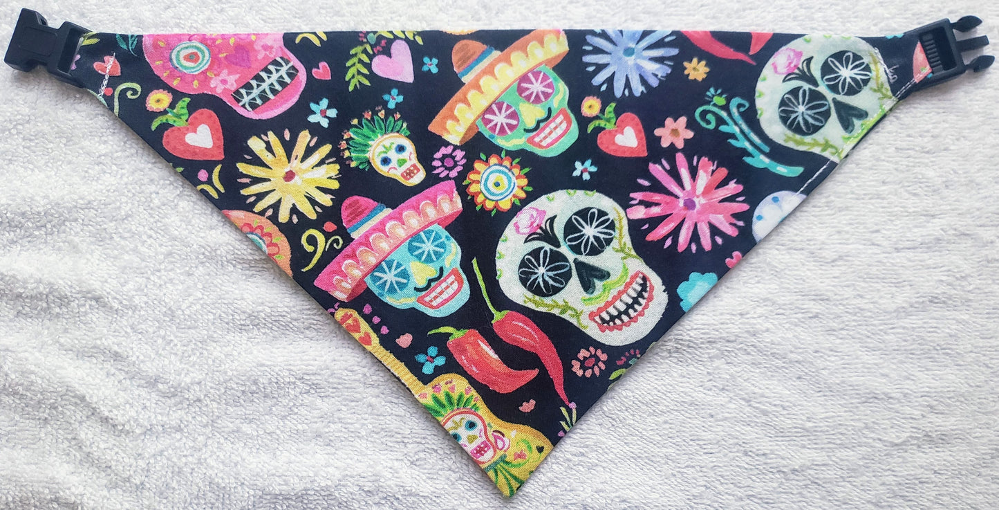 Sugar Skulls Dia de los Muertos Clip on Dog Bandana With Buckle Pet Cat Bandanna Handmade to Order