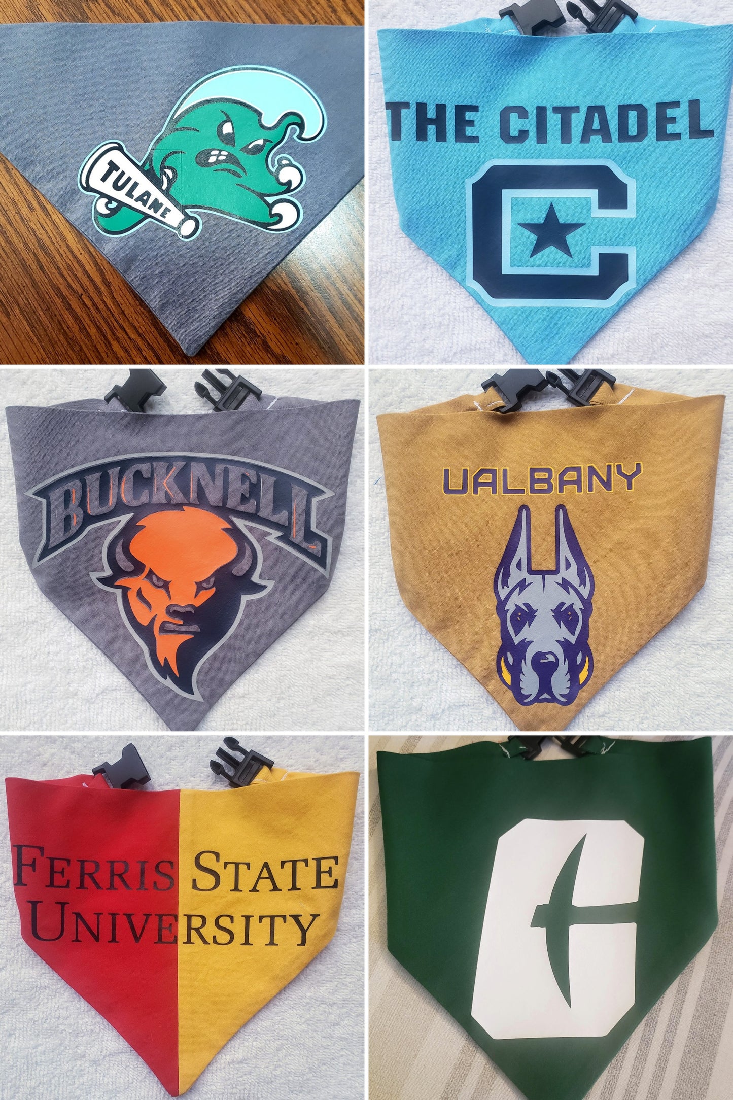 Request Your College, University, or School Vinyl Edition MESSAGE ME Clip on Dog Bandana With Buckle Pet Cat Bandanna Scarf Handmade to Order