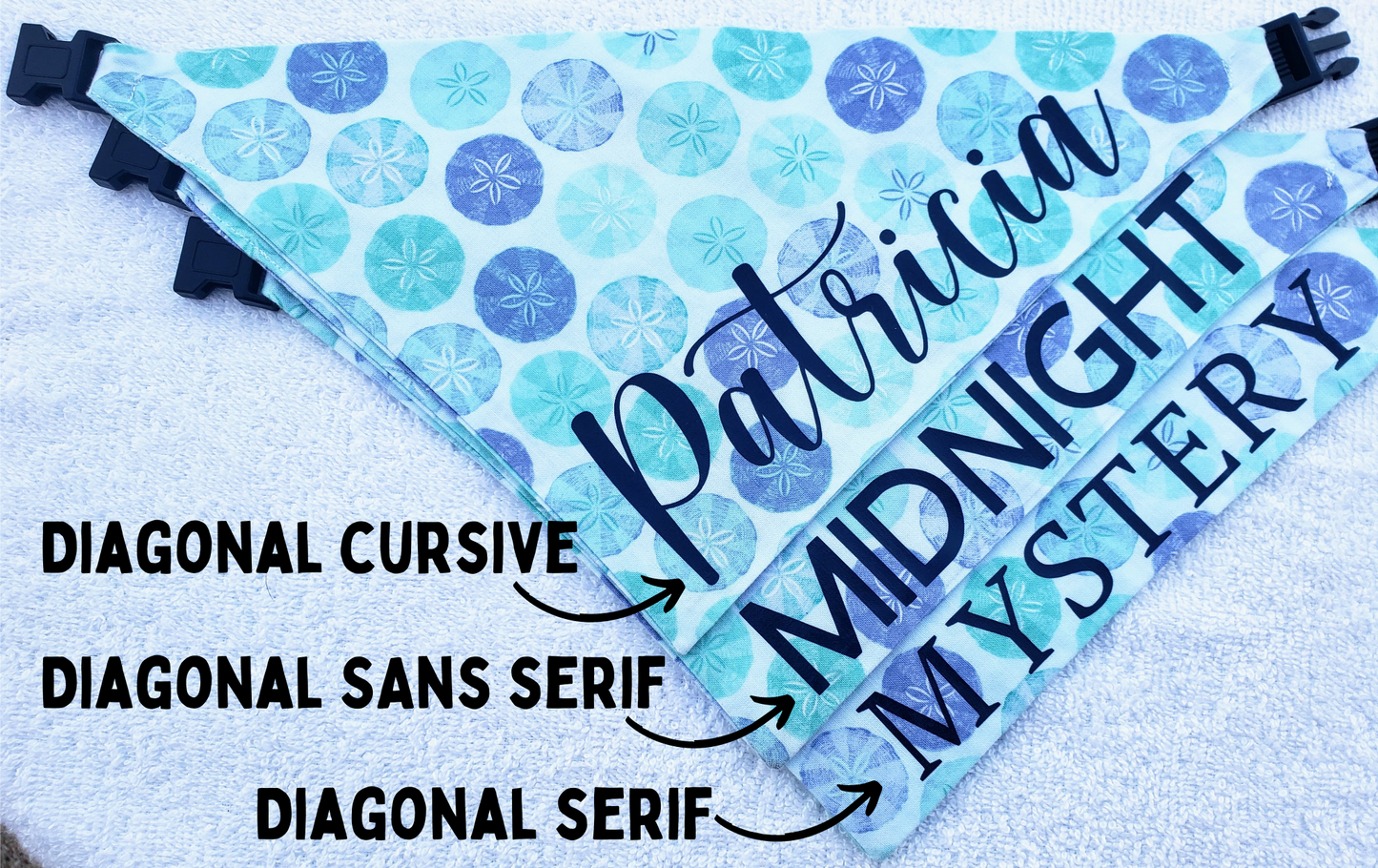 a blue and white patterned dog bandana with the name "Patricia" printed on it. The bandana has three different text labels: "Diagonal Cursive", "Diagonal Sans Serif", and "Diagonal Serif".