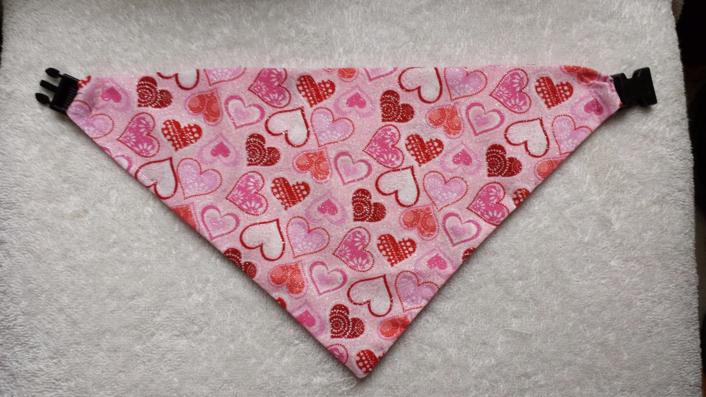 Sparkle Hearts Valentine's Day Clip on Dog Bandana With Buckle Pet Cat Bandanna Handmade to Order