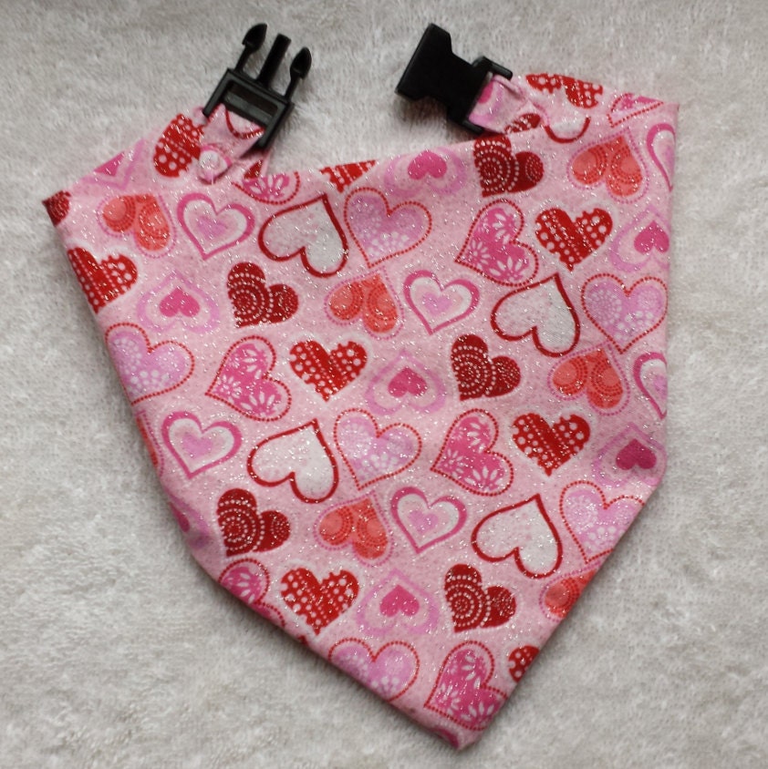 Sparkle Hearts Valentine's Day Clip on Dog Bandana With Buckle Pet Cat Bandanna Handmade to Order