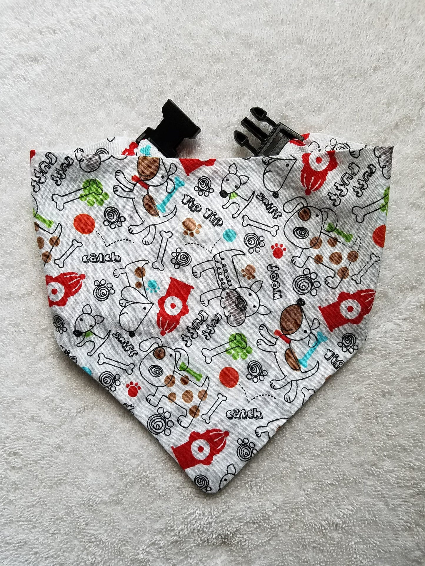 Clip on Dog Bandana With Buckle Pet Cat Bandanna Scarf White Fire Hydrants Print Handmade to Order