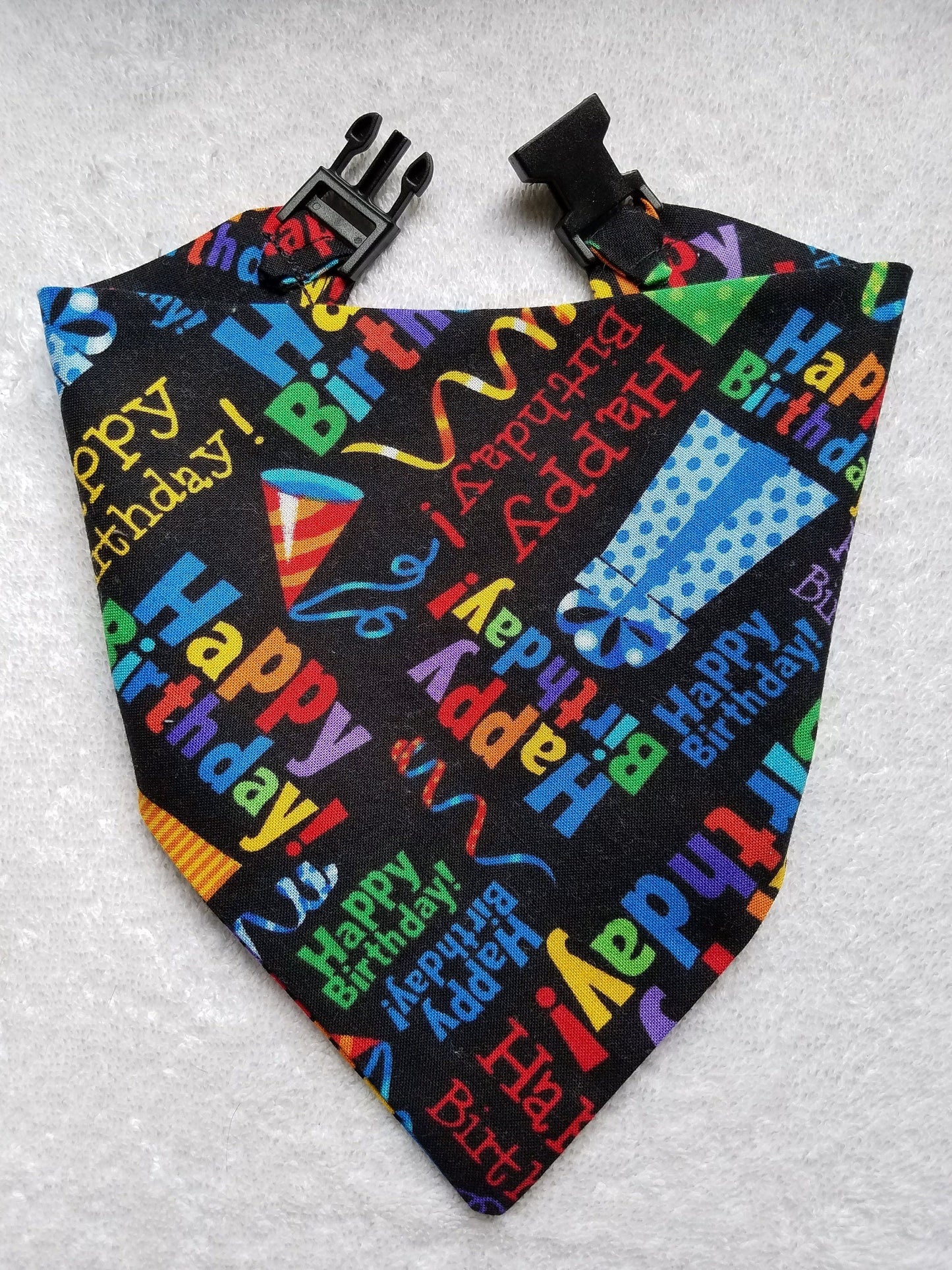 Clip on Dog Bandana With Buckle Pet Cat Bandanna Scarf Black Happy Birthday Handmade