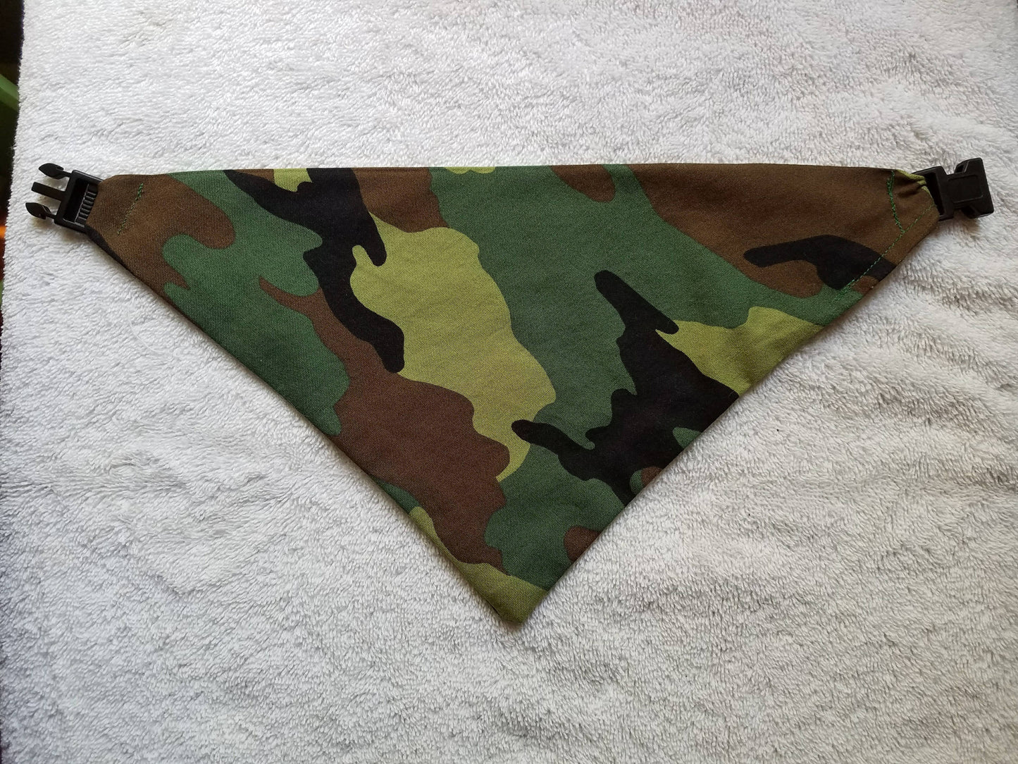 Clip on Dog Bandana With Buckle Pet Cat Bandanna Scarf Green Camo Print Handmade to Order