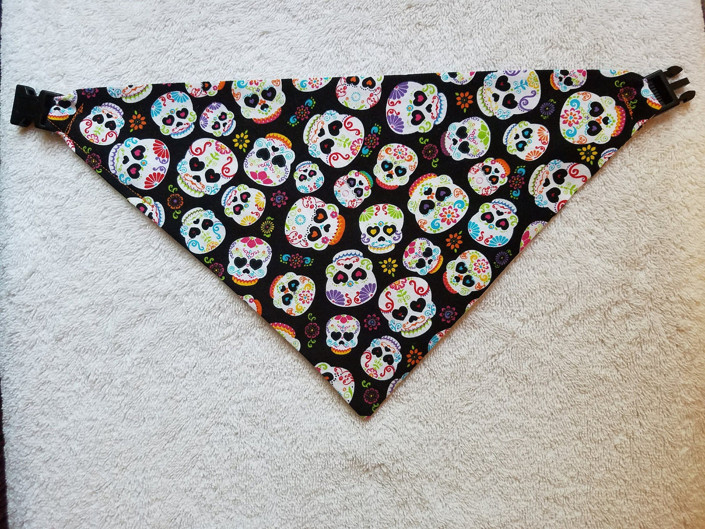 Clip on Dog Bandana With Buckle Pet Cat Bandanna Scarf Black Skulls Dia de los Muertos Sugar Skulls Handmade to Order