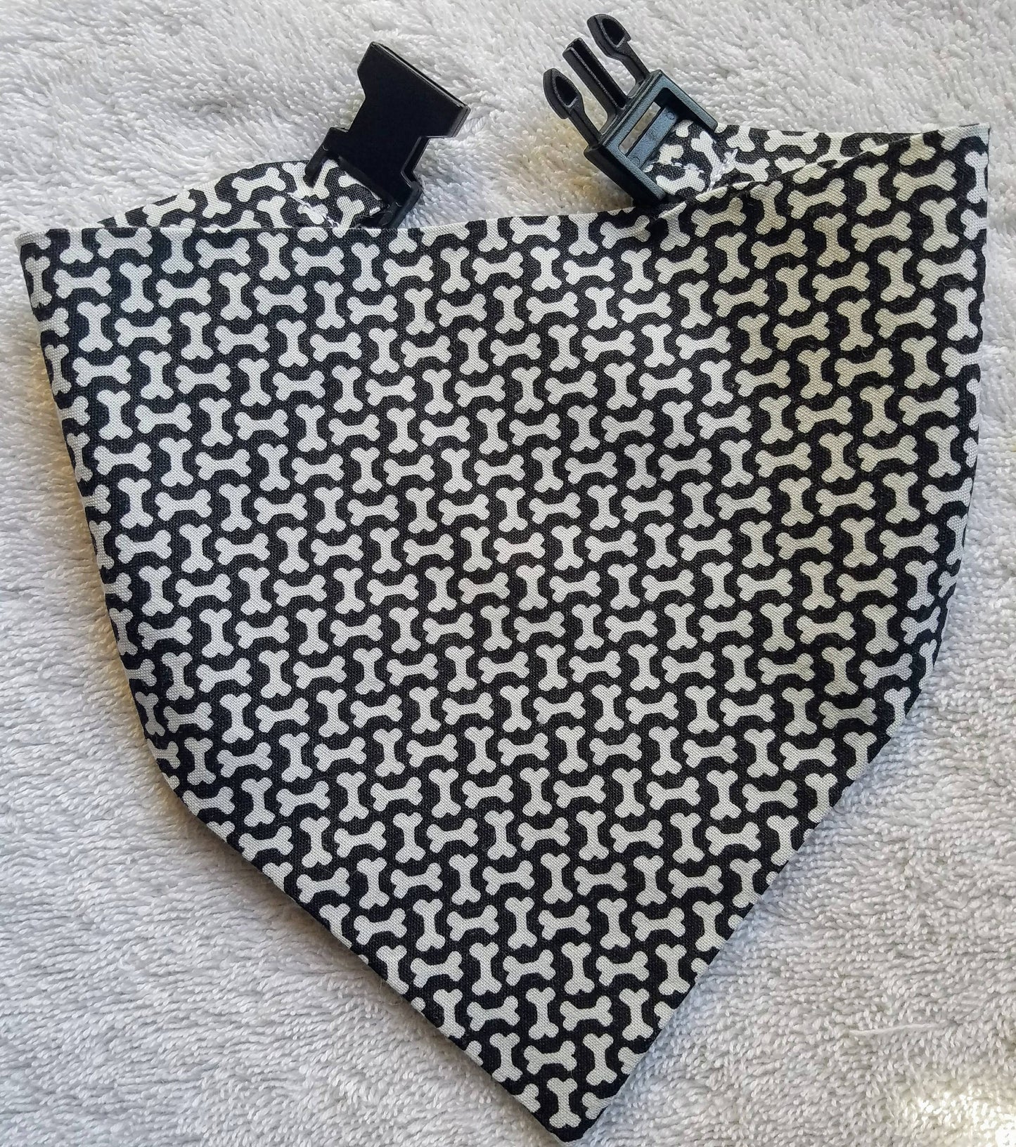 Clip on Dog Bandana With Buckle Pet Cat Bandanna Scarf Black & White Bones Handmade to Order