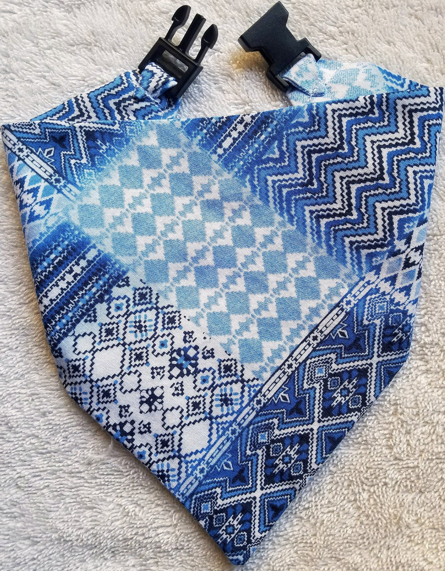Clip on Dog Bandana With Buckle Pet Cat Bandanna Scarf Blue Patchwork Handmade to Order