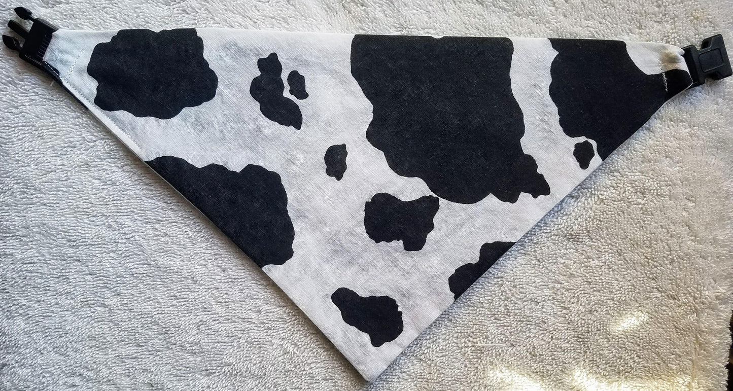 Clip on Dog Bandana With Buckle Pet Cat Bandanna Scarf Black & White Cow Hide Handmade to Order