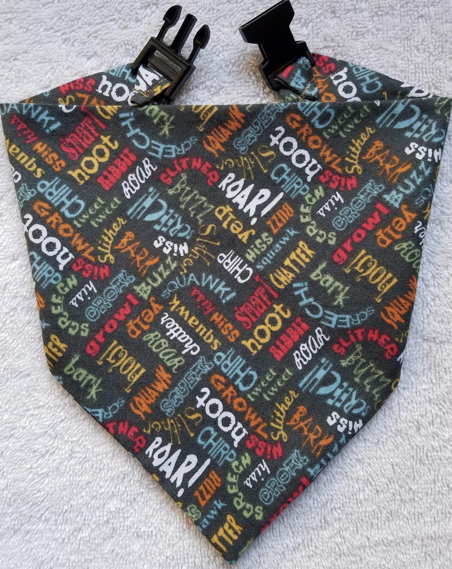 Clip on Dog Bandana With Buckle Pet Cat Bandanna Scarf Green Khaki Camping Hiking Trail Animal Sounds Handmade to Order