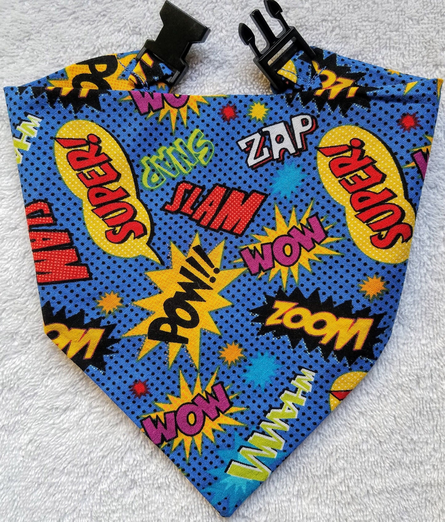 Clip on Dog Bandana With Buckle Pet Cat Bandanna Scarf Blue Comic Book Words Super Hero Handmade to Order