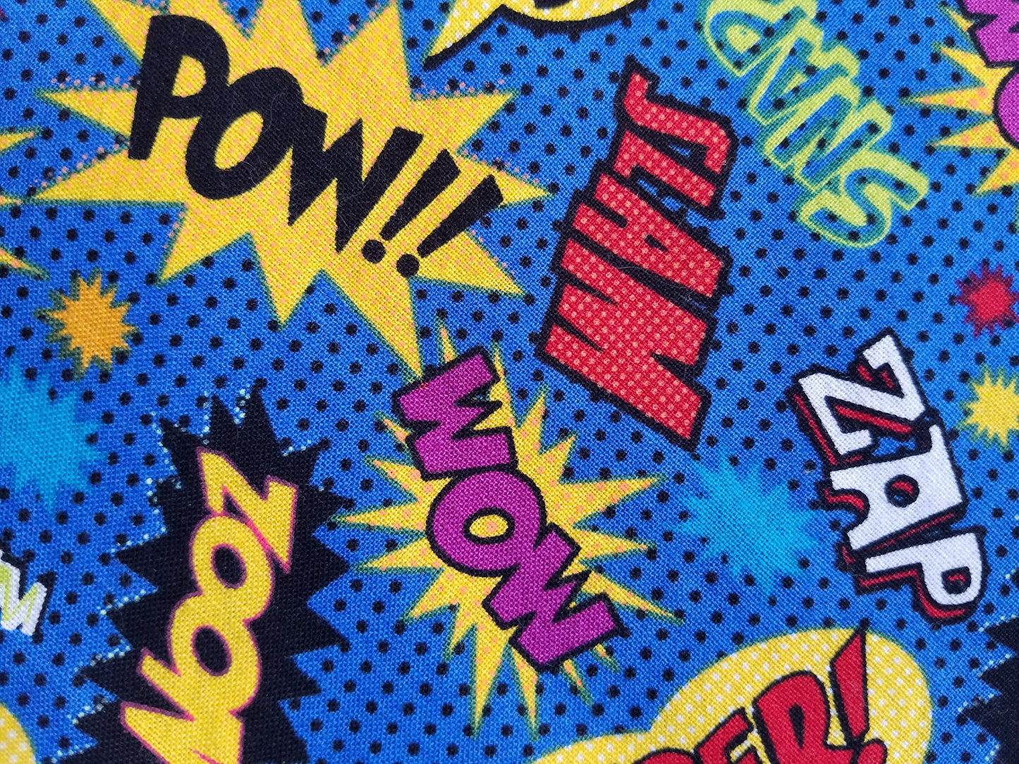 Clip on Dog Bandana With Buckle Pet Cat Bandanna Scarf Blue Comic Book Words Super Hero Handmade to Order
