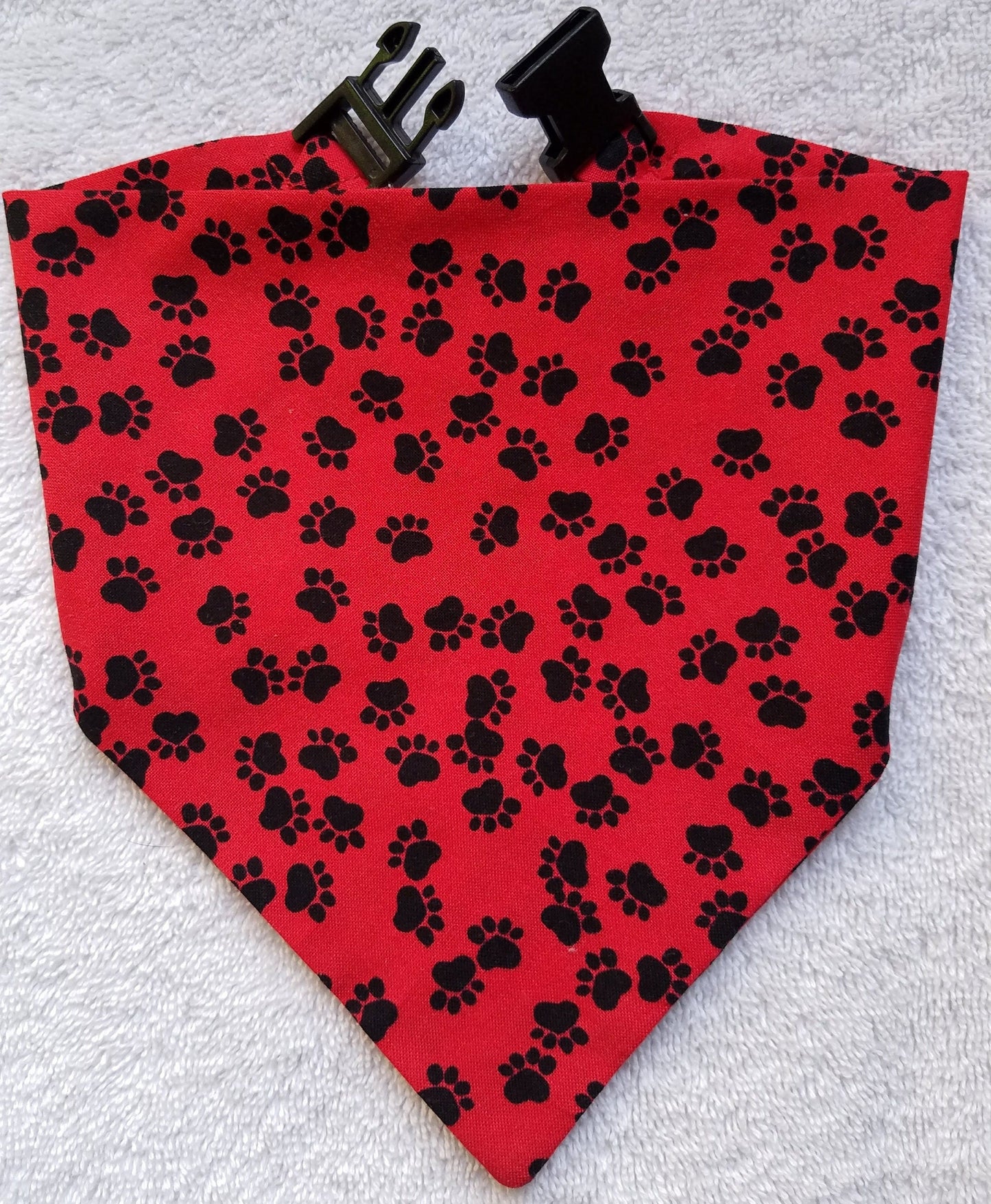 Clip on Dog Bandana With Buckle Pet Cat Bandanna Scarf Red & Black Paws Handmade to Order