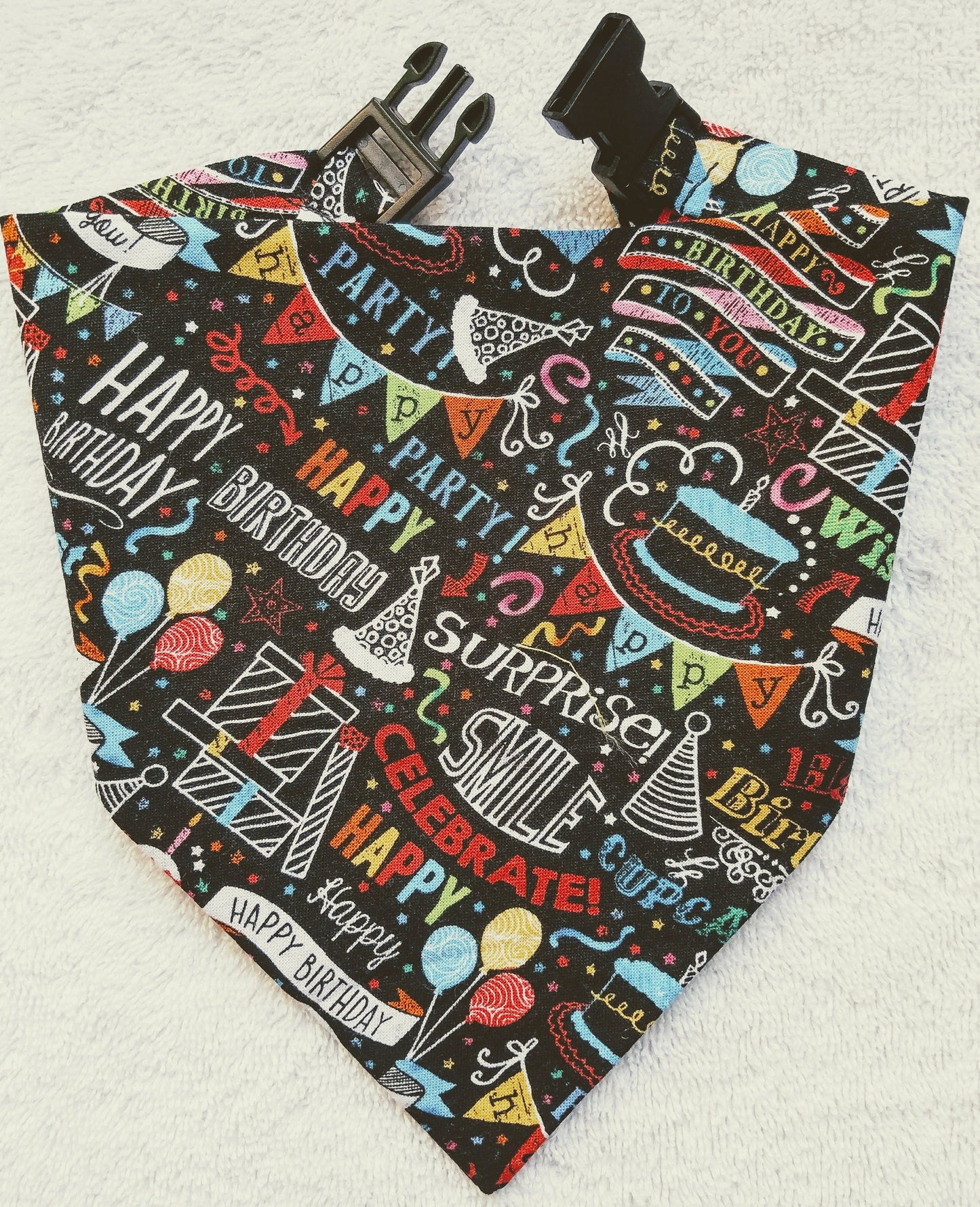 Clip on Dog Bandana With Buckle Pet Cat Bandanna Scarf Black Happy Birthday Surprise Handmade to Order