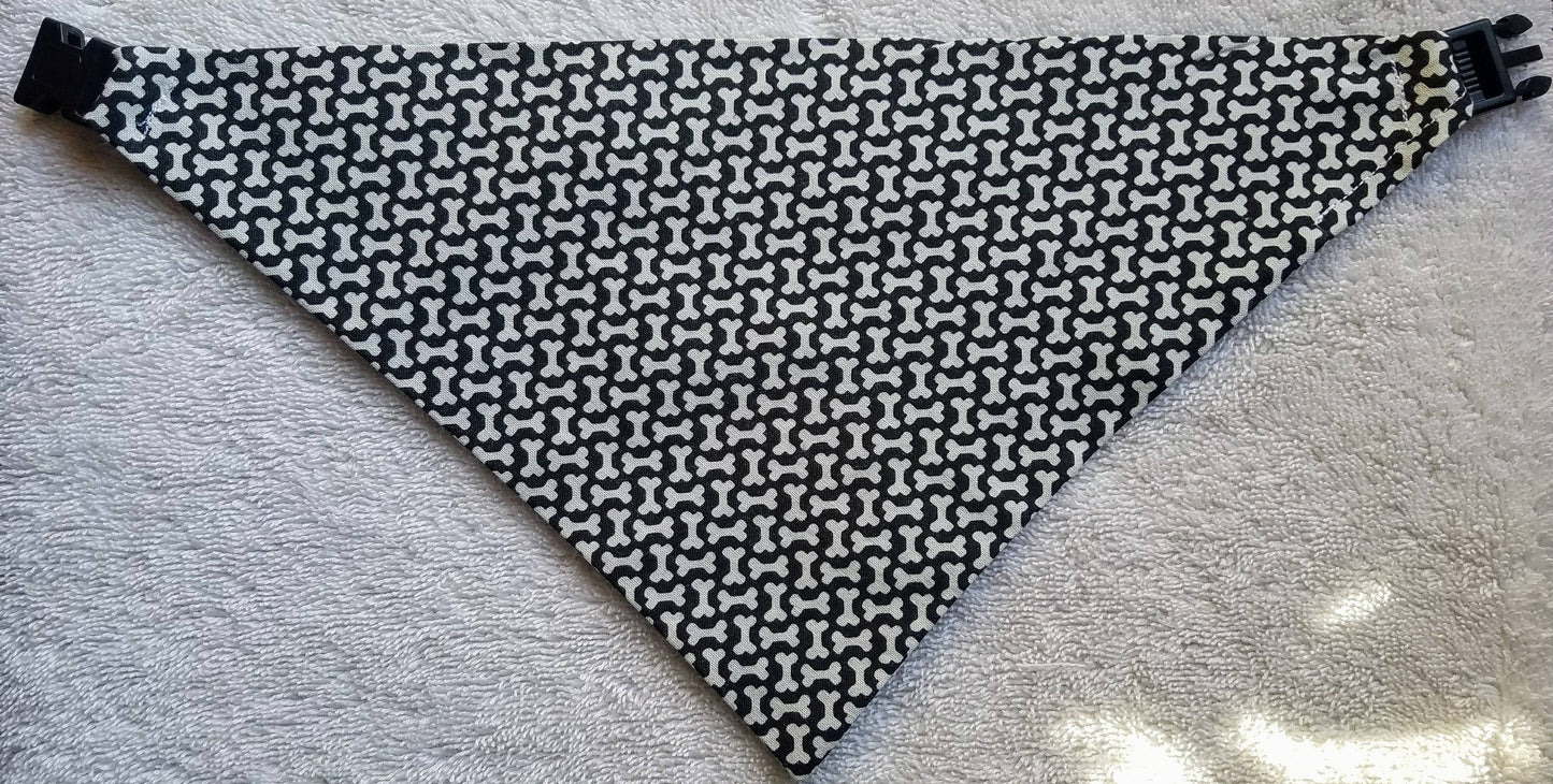 Clip on Dog Bandana With Buckle Pet Cat Bandanna Scarf Black & White Bones Handmade to Order