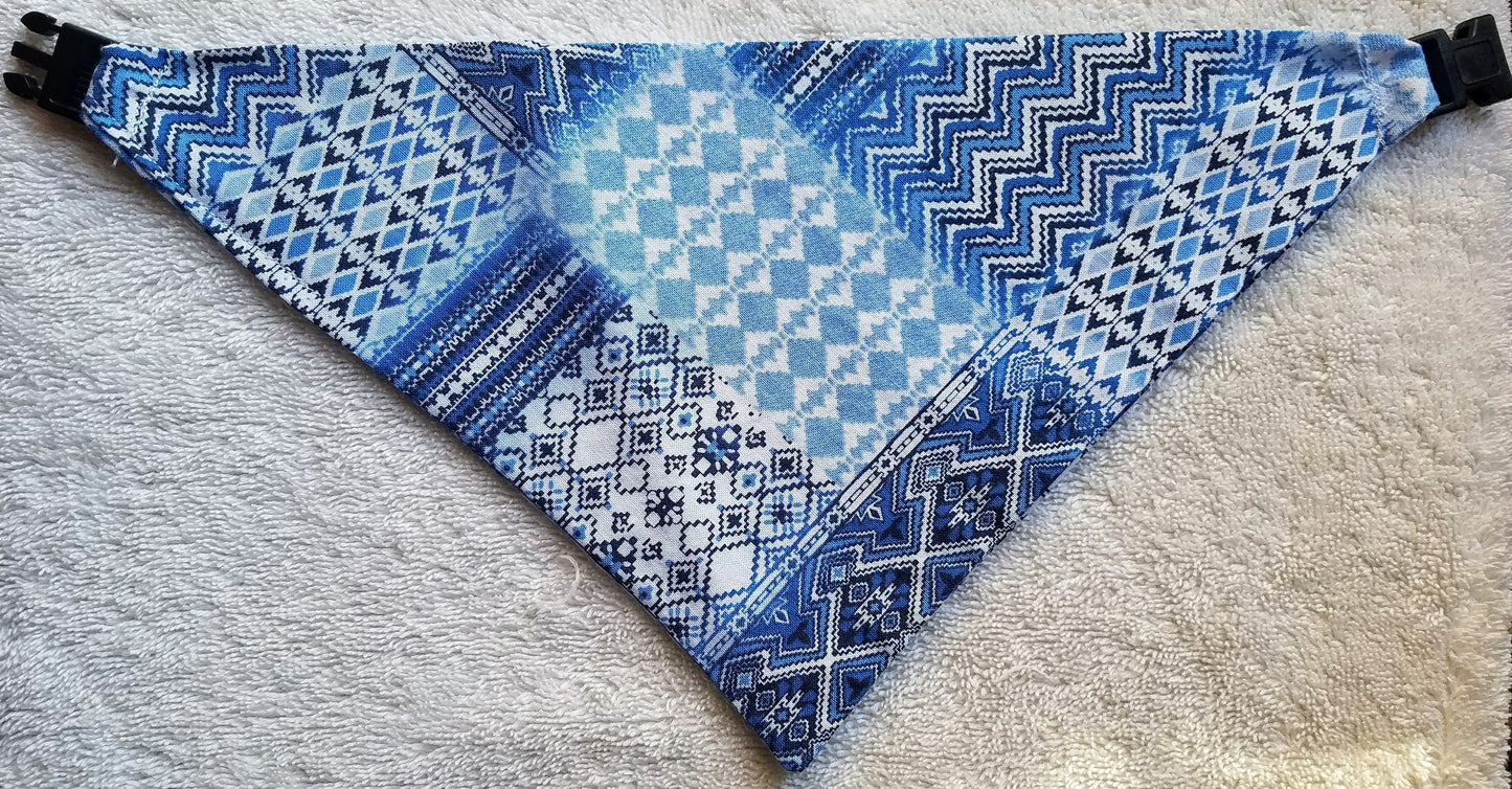 Clip on Dog Bandana With Buckle Pet Cat Bandanna Scarf Blue Patchwork Handmade to Order