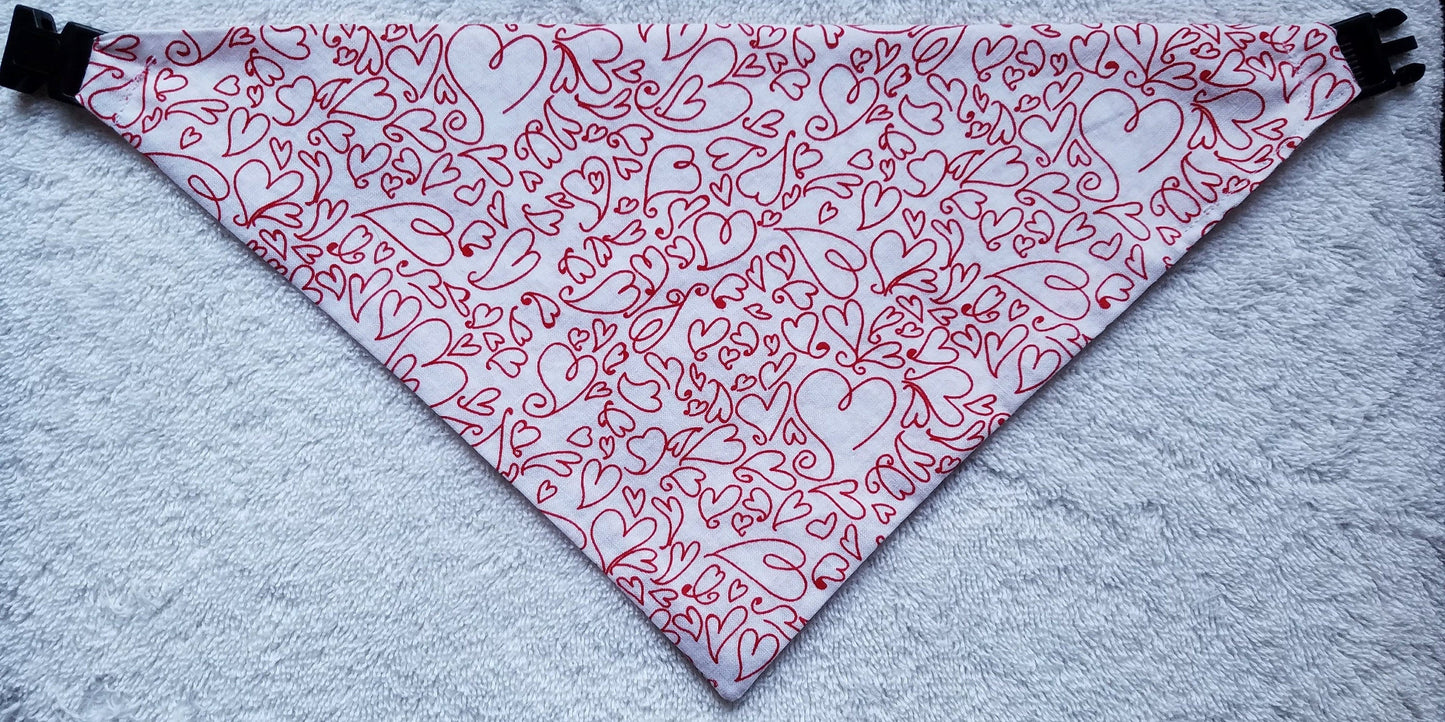 Clip on Dog Bandana With Buckle Pet Cat Bandanna Scarf Red Hearts Valentine's Day Handmade to Order