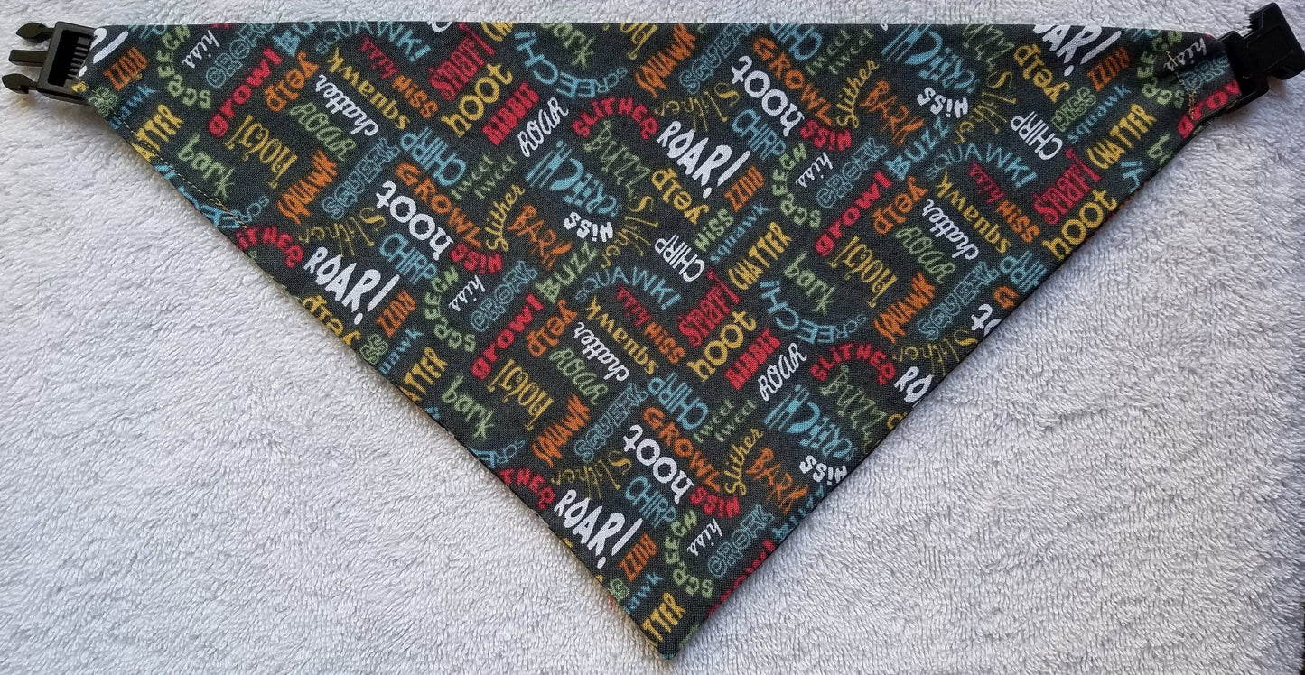 Clip on Dog Bandana With Buckle Pet Cat Bandanna Scarf Green Khaki Camping Hiking Trail Animal Sounds Handmade to Order