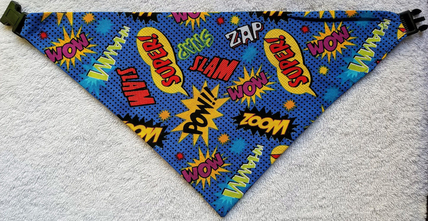 Clip on Dog Bandana With Buckle Pet Cat Bandanna Scarf Blue Comic Book Words Super Hero Handmade to Order