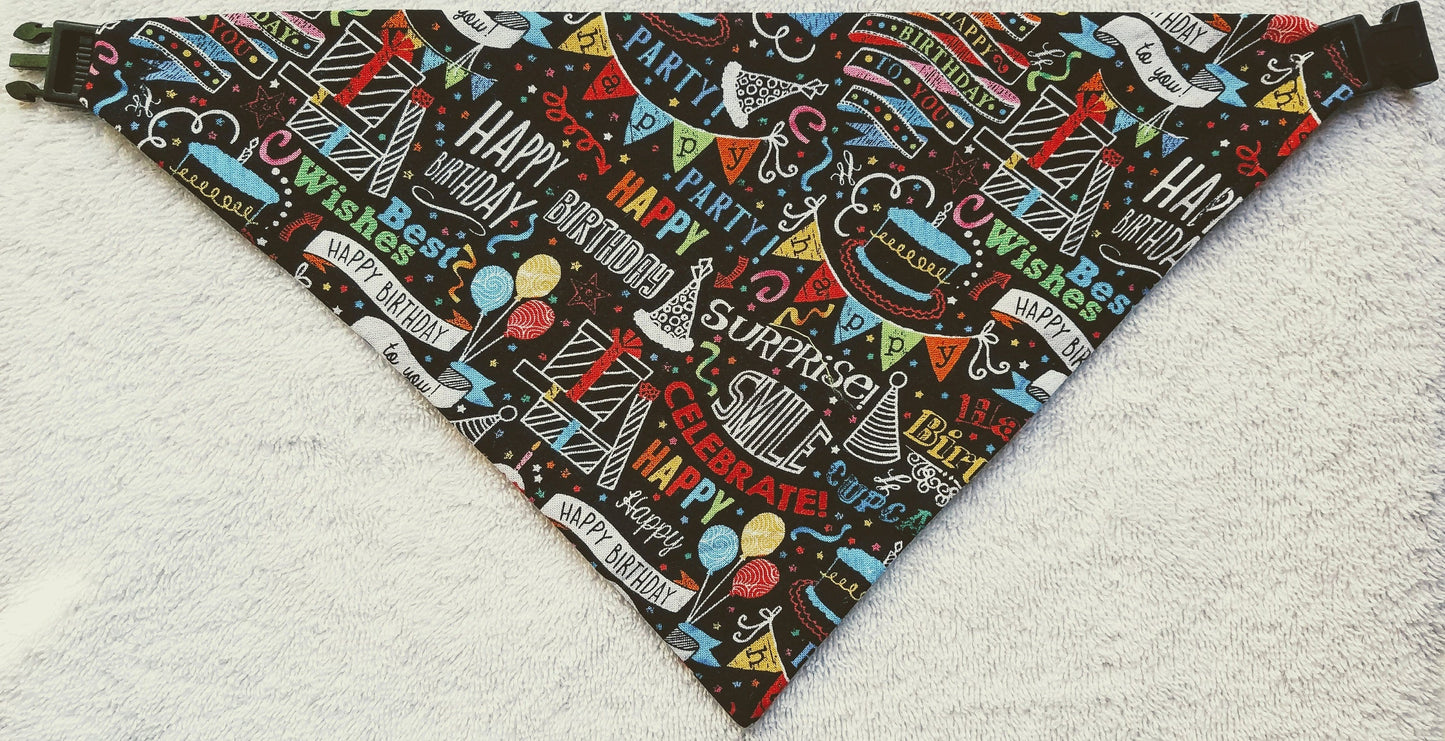 Clip on Dog Bandana With Buckle Pet Cat Bandanna Scarf Black Happy Birthday Surprise Handmade to Order