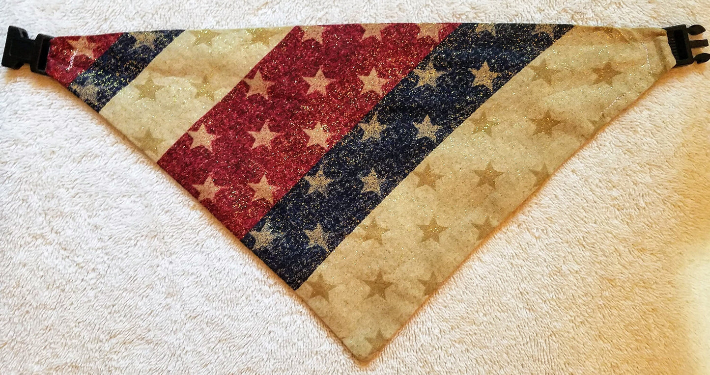 Clip on Dog Bandana With Buckle Dog Bandanna Scarf Red White Blue Patriotic Americana Handmade Gold Glitter Bling Handmade to Order