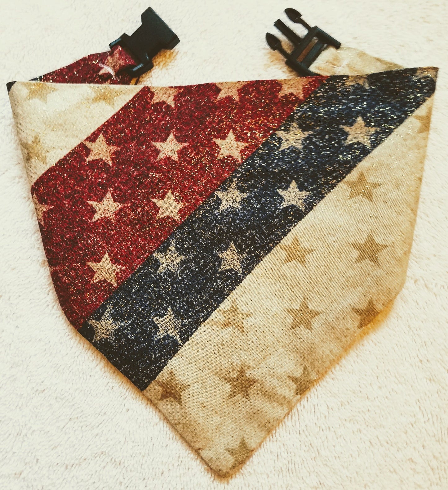 Clip on Dog Bandana With Buckle Dog Bandanna Scarf Red White Blue Patriotic Americana Handmade Gold Glitter Bling Handmade to Order