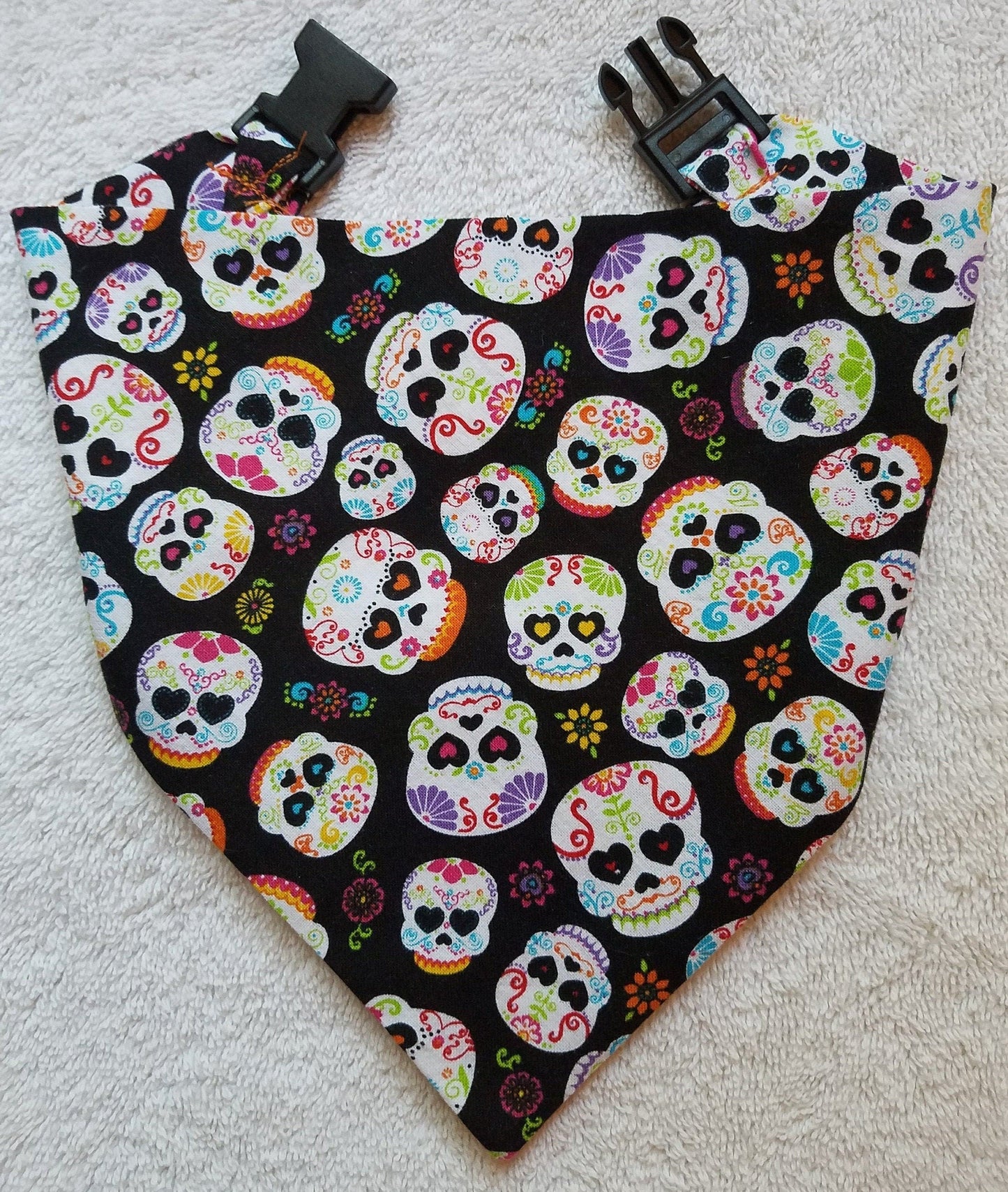 Clip on Dog Bandana With Buckle Pet Cat Bandanna Scarf Black Skulls Dia de los Muertos Sugar Skulls Handmade to Order