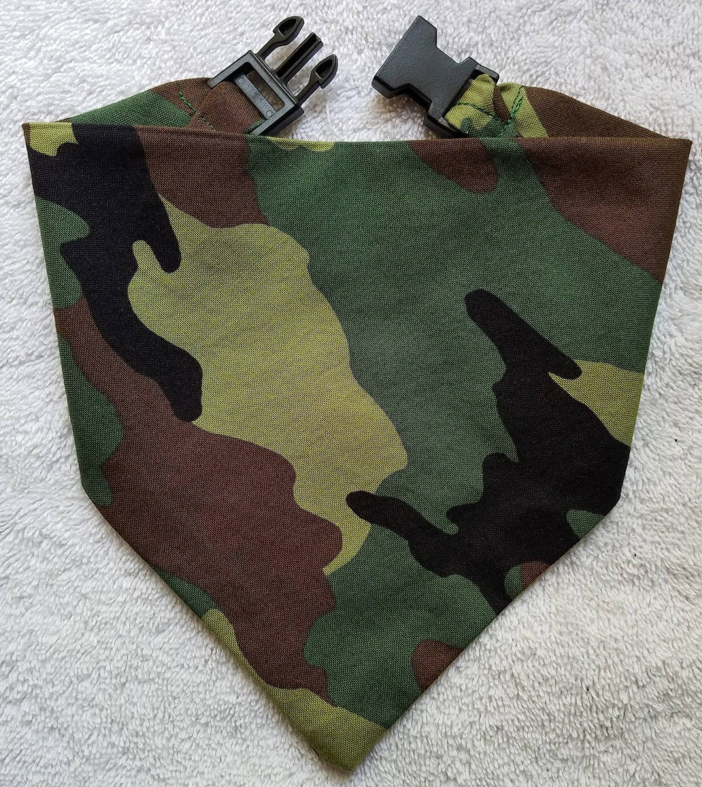 Clip on Dog Bandana With Buckle Pet Cat Bandanna Scarf Green Camo Print Handmade to Order