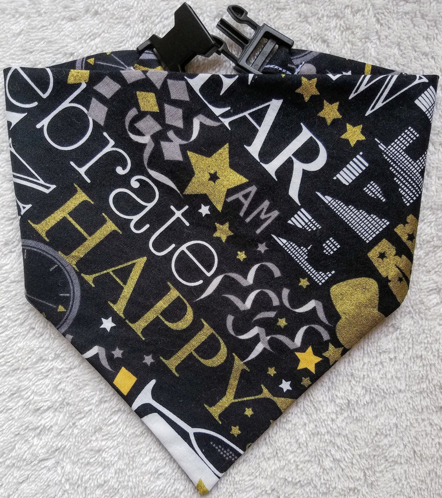 Clip on Dog Bandana With Buckle Pet Cat Bandanna Scarf Happy New Year Celebrate Gold Silver Handmade to Order