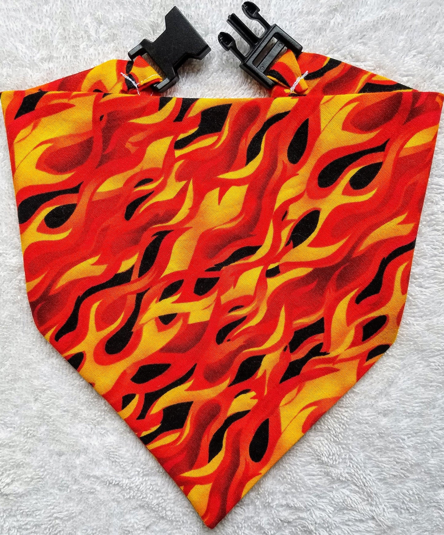 Clip on Dog Bandana With Buckle Pet Cat Bandanna Scarf Hot Stuff Flames Fire Orange Summer Print Handmade to Order