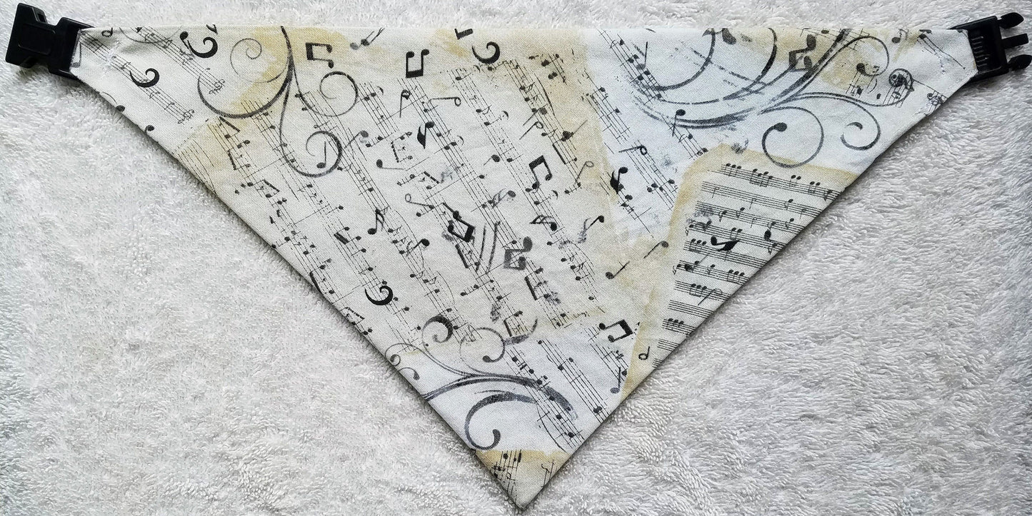 Clip on Dog Bandana With Buckle Pet Cat Bandanna Scarf Musical Sheet Music Notes Handmade to Order