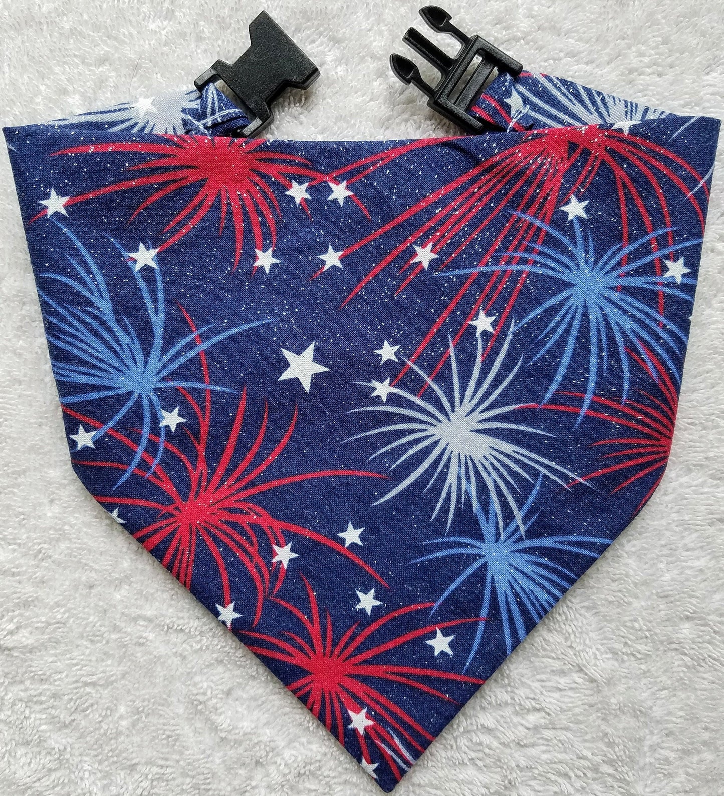 Clip on Dog Bandana With Buckle Pet Cat Bandanna Scarf Red White & Blue Fireworks Sparkle Patriotic America Handmade to Order