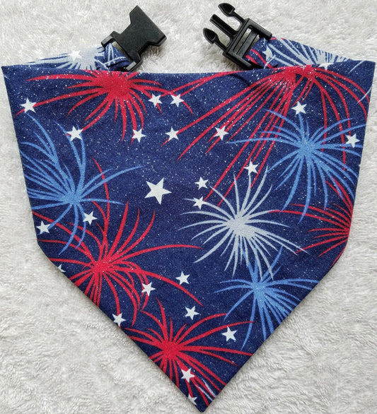 Fireworks Patriotic USA American Sparkly Clip on Dog Bandana With Buckle Pet Cat Bandanna Handmade to Order