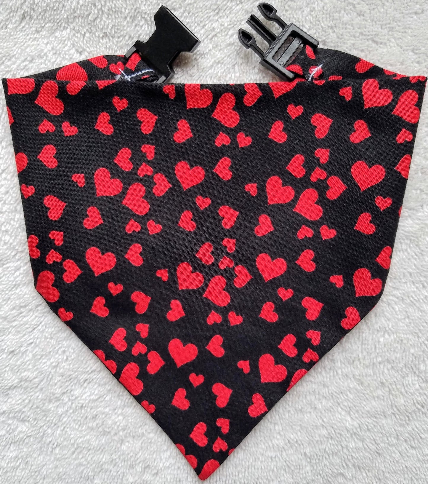 Clip on Dog Bandana With Buckle Pet Cat Bandanna Scarf Red Hearts on Black Sweethearts Valentine's Day Handmade