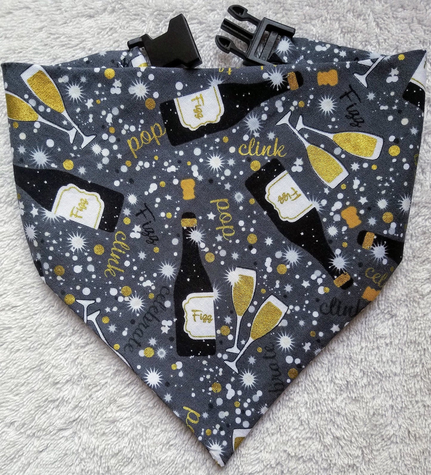 Clip on Dog Bandana With Buckle Pet Cat Bandanna Scarf Celebration Special Occasion Champagne New Years Print Handmade to Order