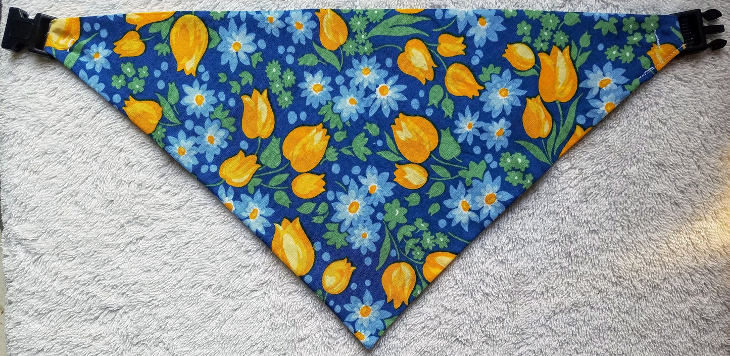 Clip on Dog Bandana With Buckle Pet Cat Bandanna Scarf Classic Blue Yellow Tulips Floral Spring Handmade to Order