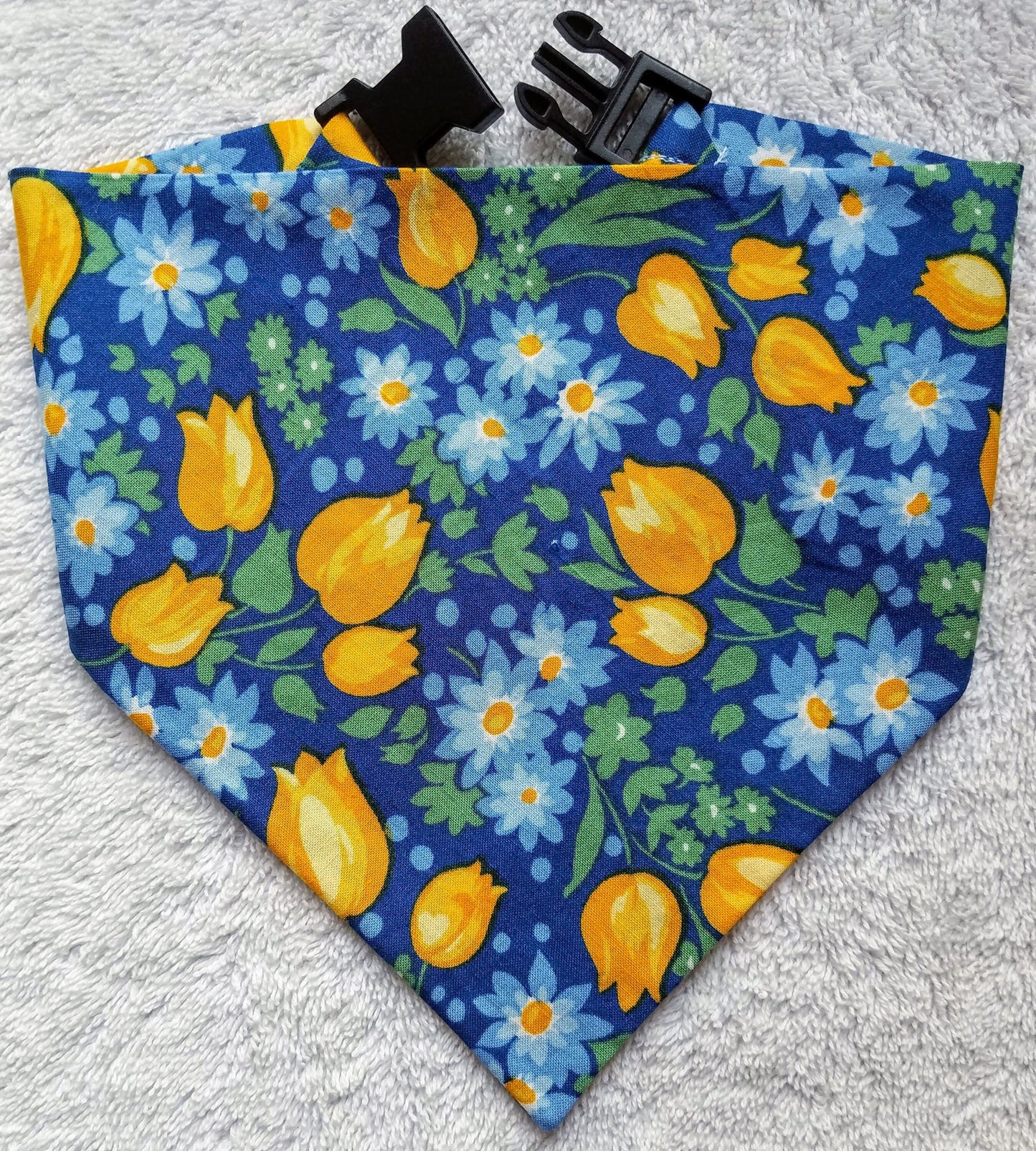 Clip on Dog Bandana With Buckle Pet Cat Bandanna Scarf Classic Blue Yellow Tulips Floral Spring Handmade to Order