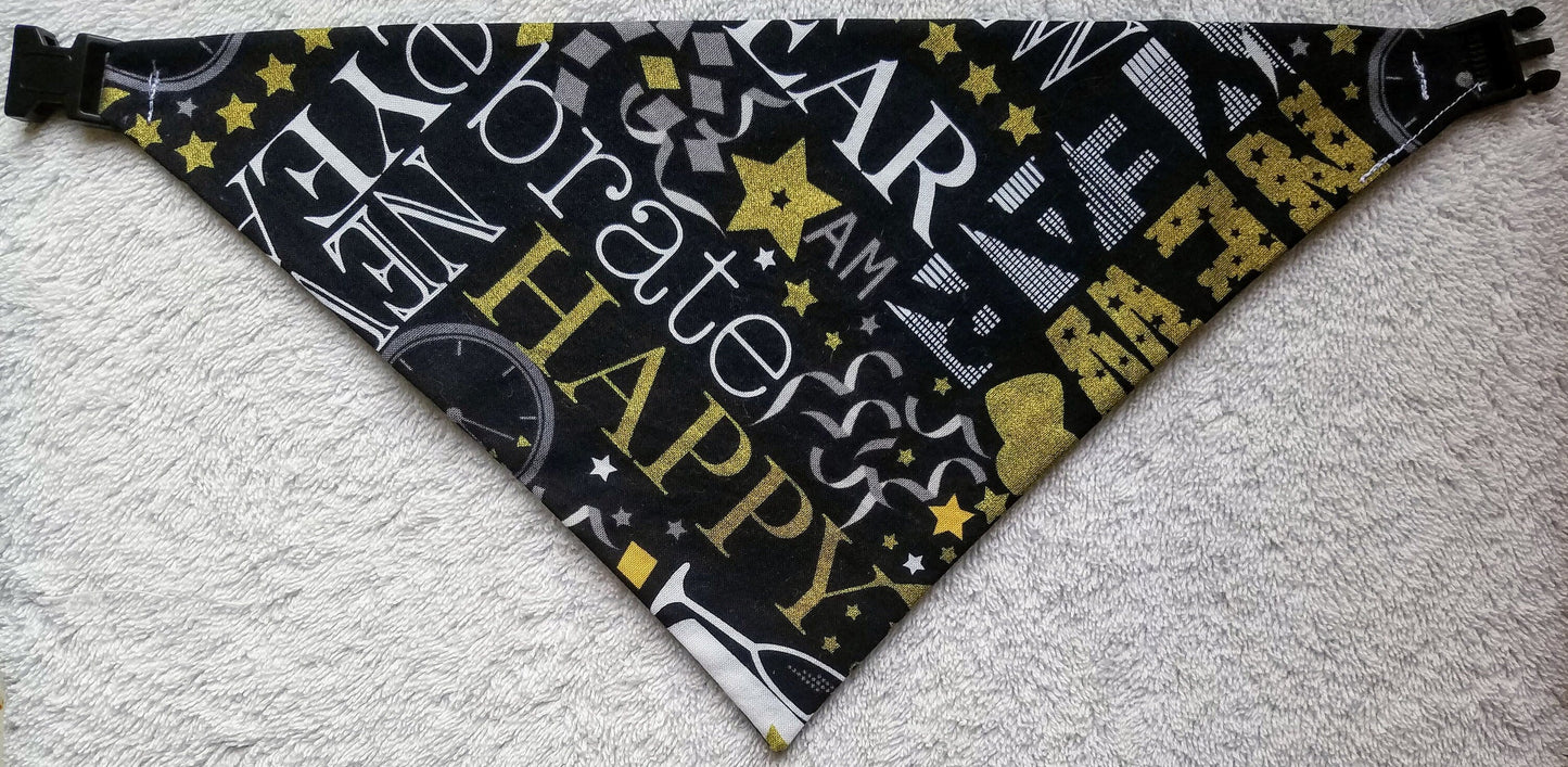 Clip on Dog Bandana With Buckle Pet Cat Bandanna Scarf Happy New Year Celebrate Gold Silver Handmade to Order