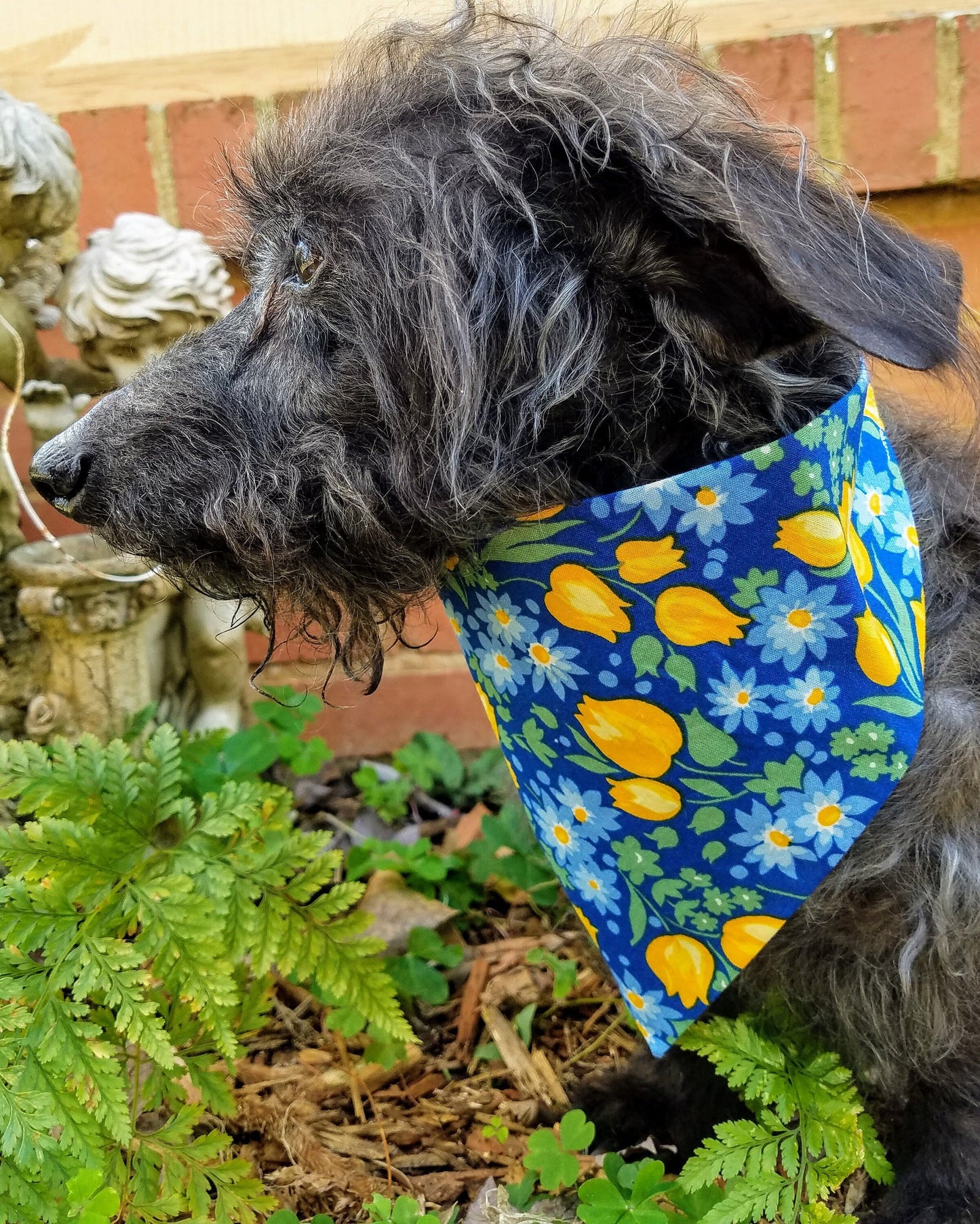 Clip on Dog Bandana With Buckle Pet Cat Bandanna Scarf Classic Blue Yellow Tulips Floral Spring Handmade to Order