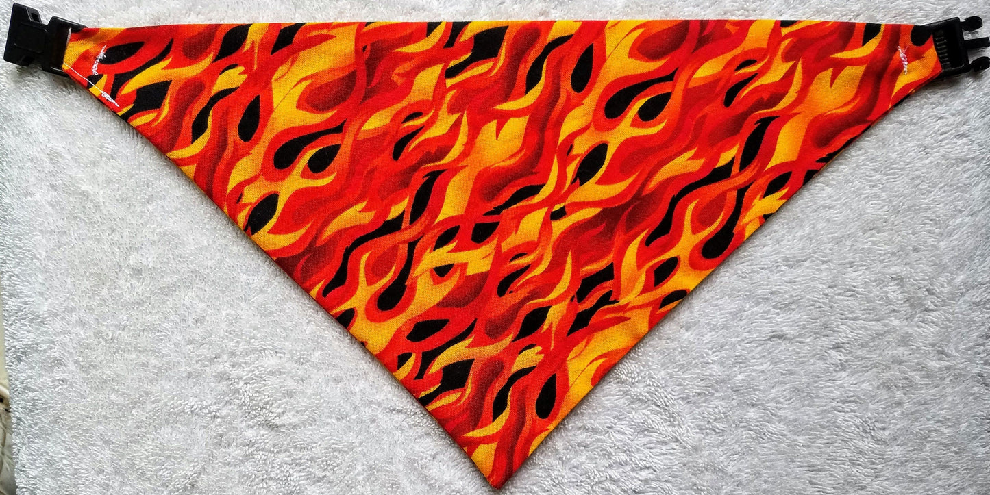 Clip on Dog Bandana With Buckle Pet Cat Bandanna Scarf Hot Stuff Flames Fire Orange Summer Print Handmade to Order
