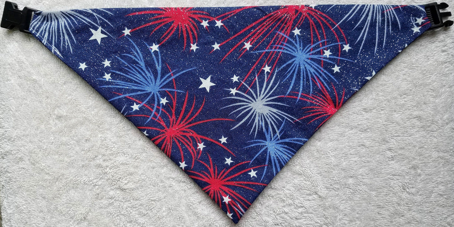 Clip on Dog Bandana With Buckle Pet Cat Bandanna Scarf Red White & Blue Fireworks Sparkle Patriotic America Handmade to Order