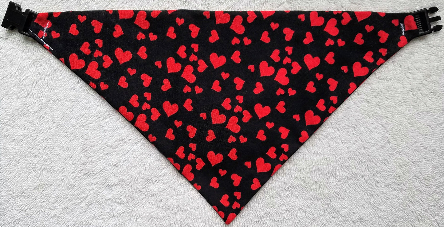 Clip on Dog Bandana With Buckle Pet Cat Bandanna Scarf Red Hearts on Black Sweethearts Valentine's Day Handmade