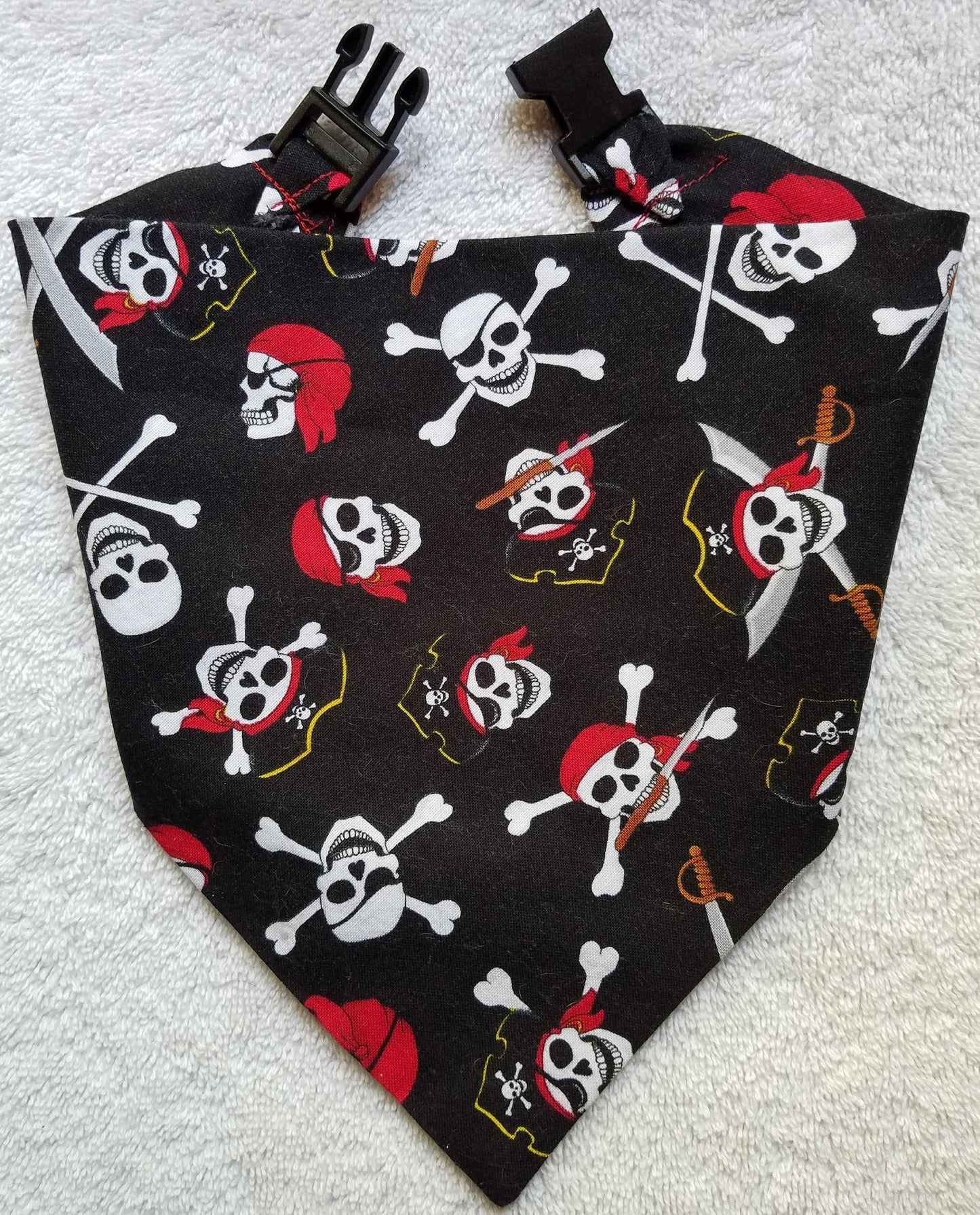 Clip on Dog Bandana With Buckle Pet Cat Bandanna Scarf Black Pirates Skulls and Crossbones Summer Handmade to Order