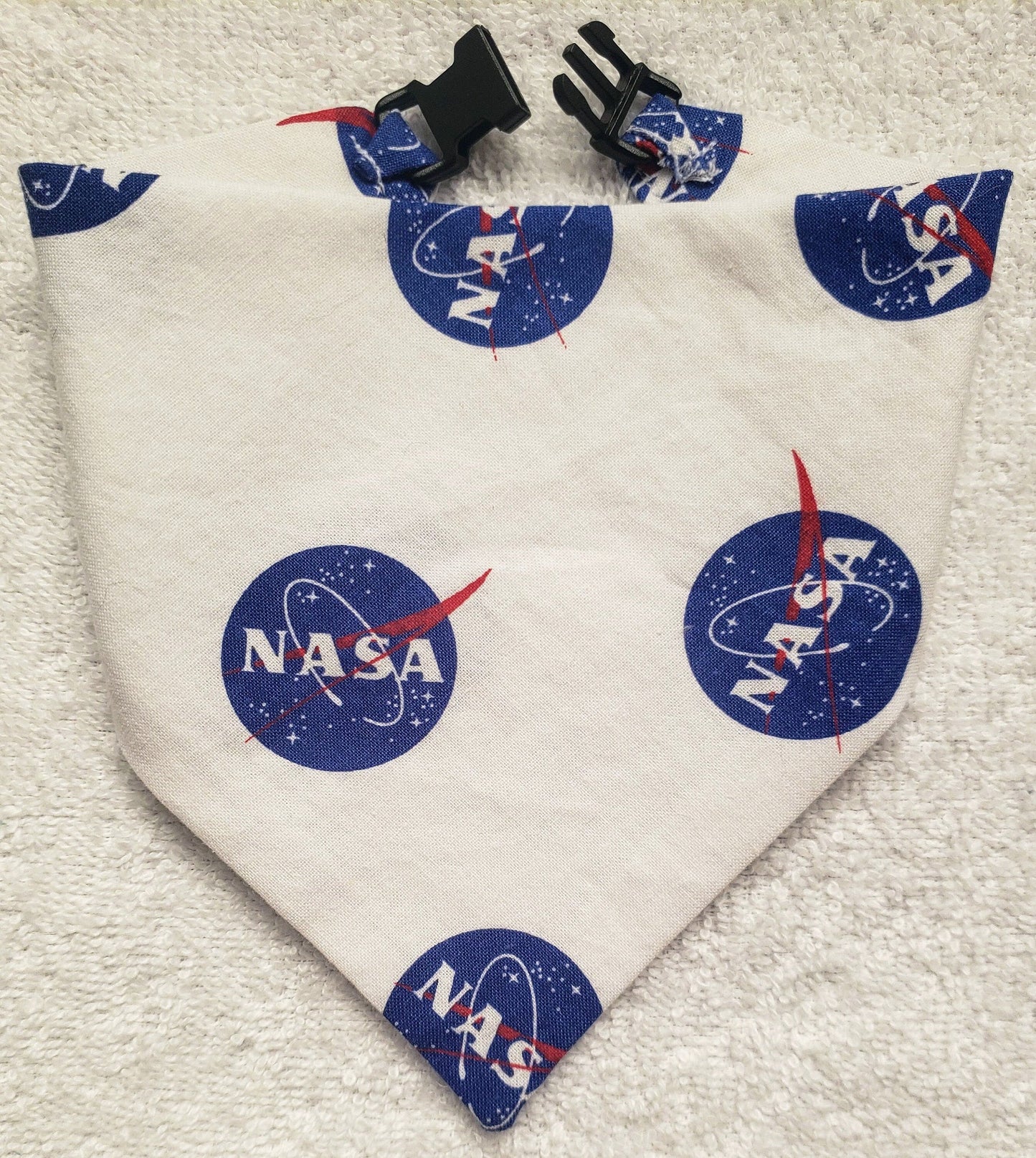 Clip on Dog Bandana With Buckle Pet Cat Bandanna Scarf Blue NASA Logo Space Astronauts Stars Planets Print Handmade to Order