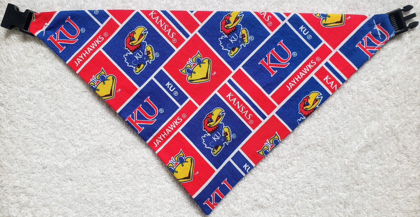 University of Kansas Jayhawks Red & Blue Clip on Dog Bandana With Buckle Pet Cat Bandanna Scarf ncaa Handmade to Order