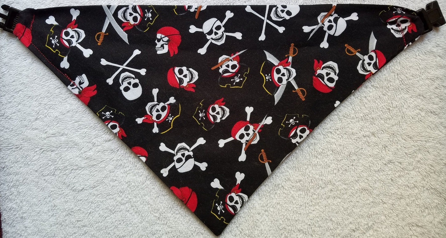 Clip on Dog Bandana With Buckle Pet Cat Bandanna Scarf Black Pirates Skulls and Crossbones Summer Handmade to Order
