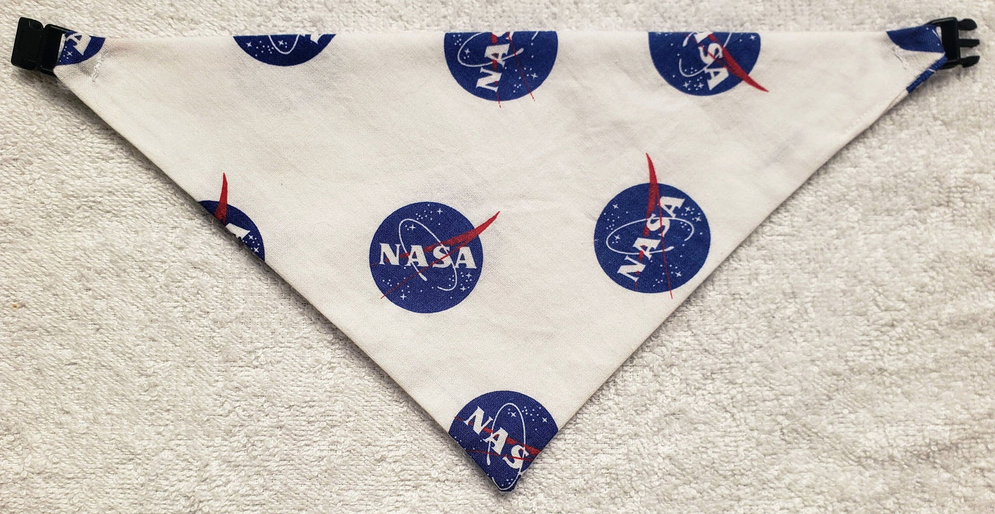 Clip on Dog Bandana With Buckle Pet Cat Bandanna Scarf Blue NASA Logo Space Astronauts Stars Planets Print Handmade to Order
